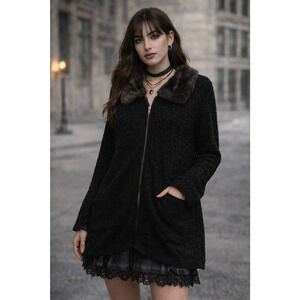 Y2K Women Cardigan Sweater 1X Black Fur Collar Whimsigoth 90s Fairy Mob Wife VTG